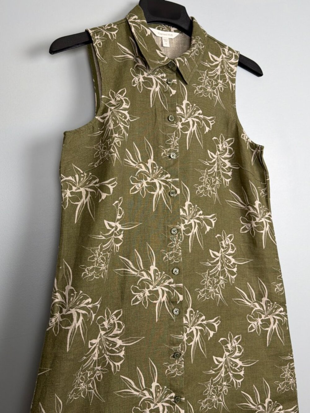 Garnet Hill Dress Womens 6 Green Floral 100% Linen Tropical Resort Beach Cruise - Picture 2 of 9